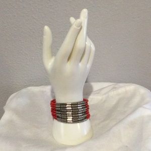Unbranded Red & Silver Beaded Cuff Bracelet